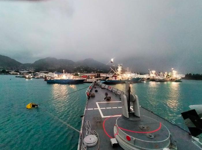 EUNAVFOR ATALANTA Flagship in Port Victoria, Seychelles.