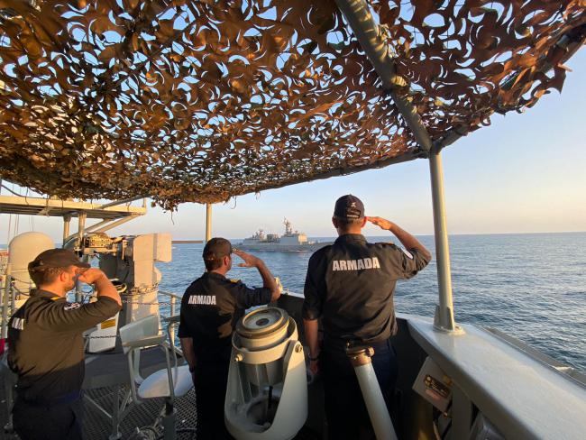 EU Naval Force Operation ATALANTA flagship frigate ESPS Victoria holds joint naval exercise with Korean destroyer Chungmugong Yi Sun-Sin and the Omani Maritime Security Centre in the Gulf of Aden